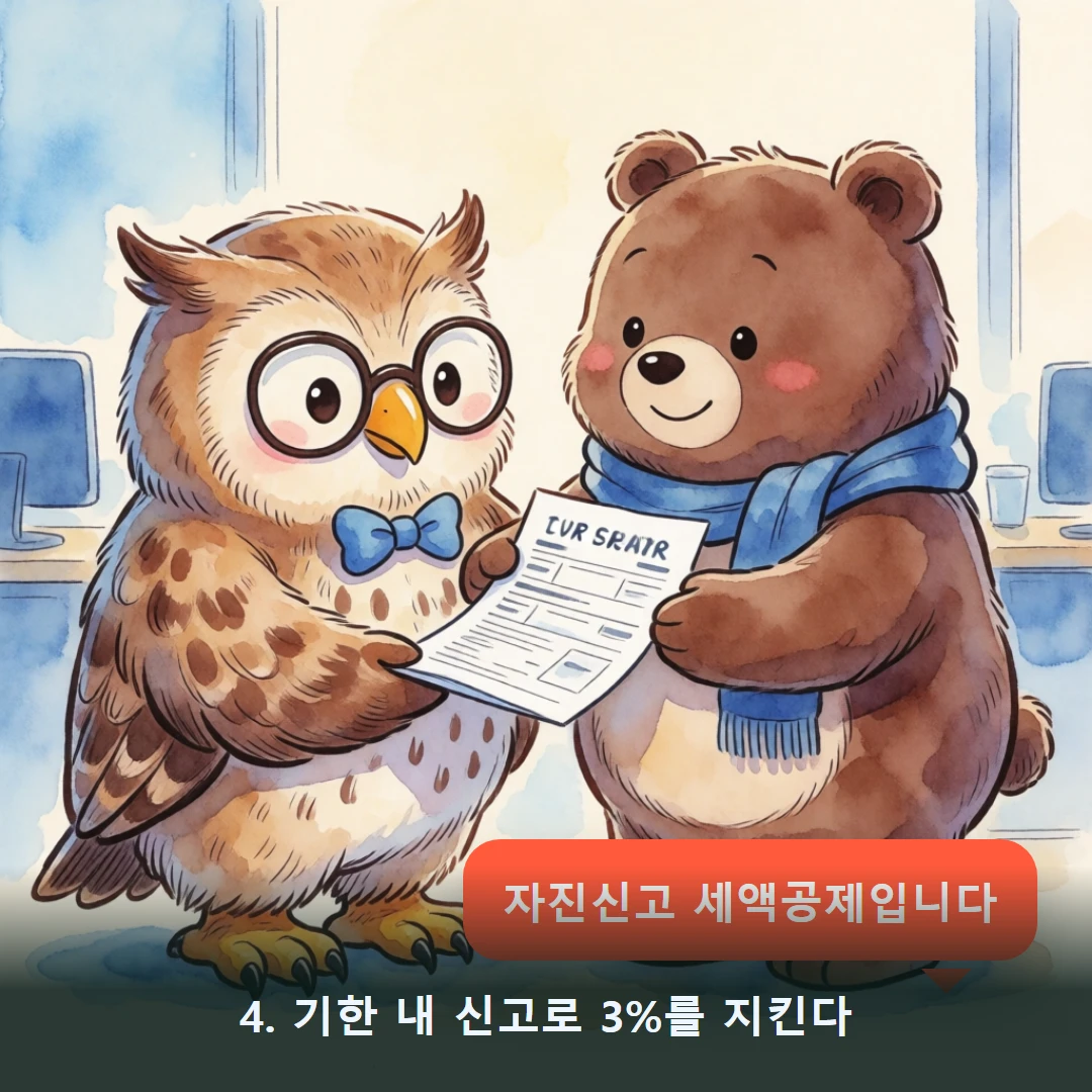 웹툰 4컷 — 4. 기한 내 신고로 3%를 지킨다 (자진신고 세액공제입니다)