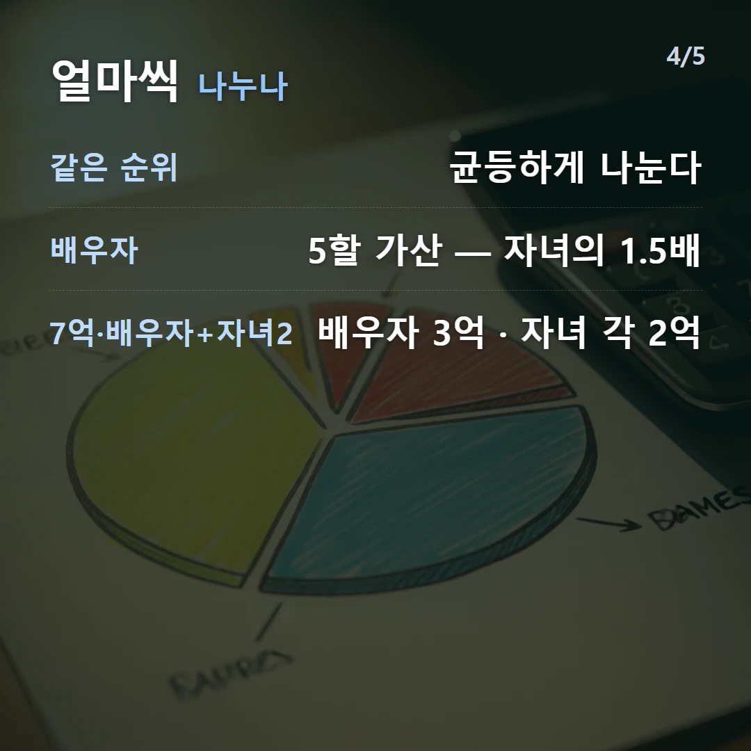 얼마씩 나누나 — 같은 순위 균등하게 나눈다, 배우자 5할 가산 — 자녀의 1.5배, 7억·배우자+자녀2 배우자 3억 · 자녀 각 2억