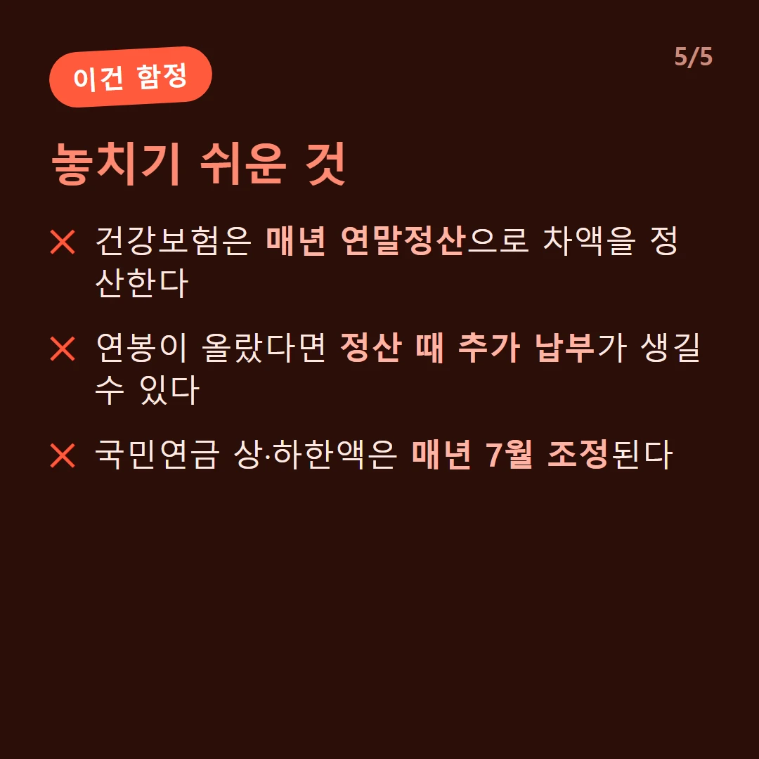 놓치기 쉬운 것 — 건강보험은 매년 연말정산으로 차액을 정산한다 / 연봉이 올랐다면 정산 때 추가 납부가 생길 수 있다 / 국민연금 상·하한액은 매년 7월 조정된다