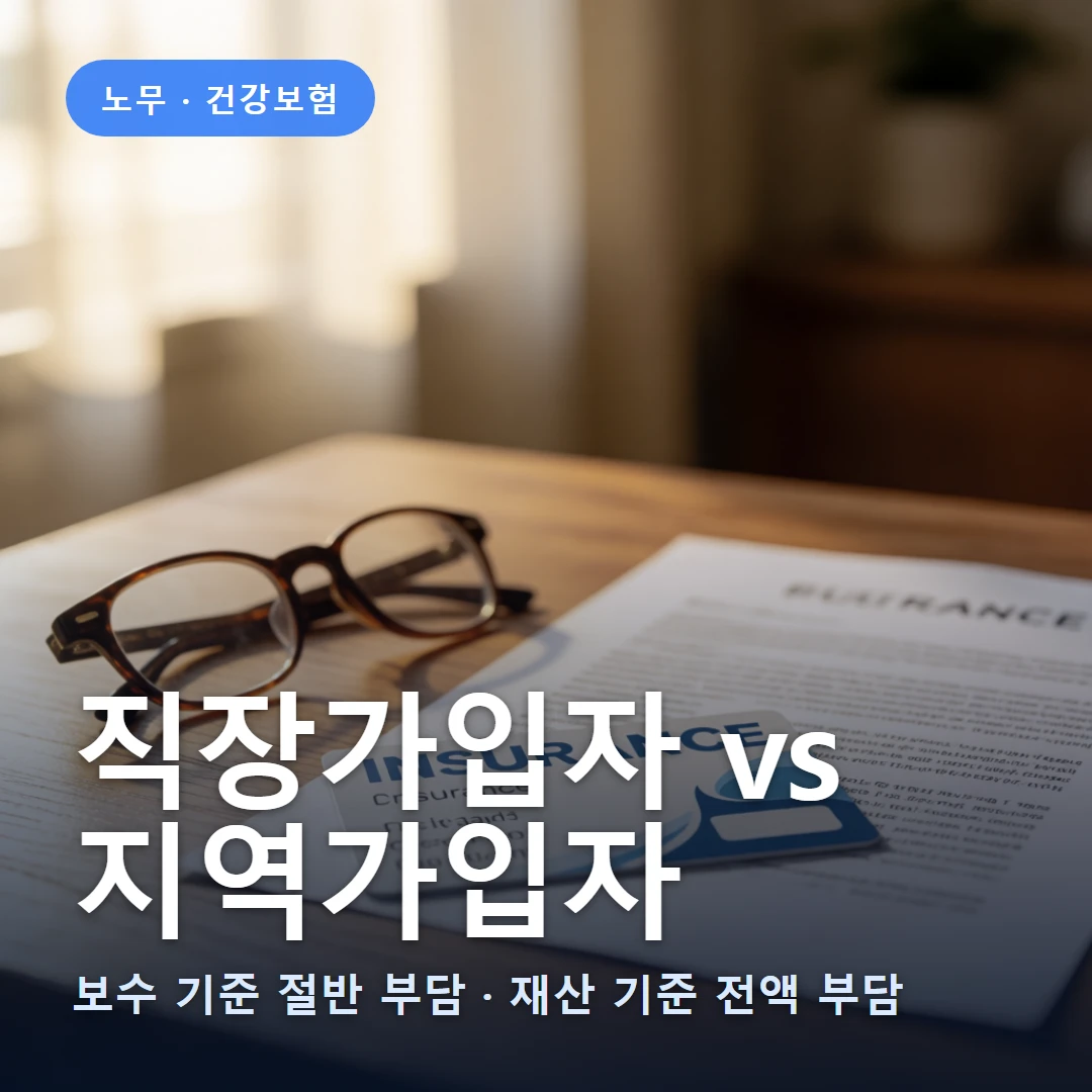 직장 vs 지역가입자 요약 표지 — 보수 기준 절반 부담 · 재산 기준 전액 부담
