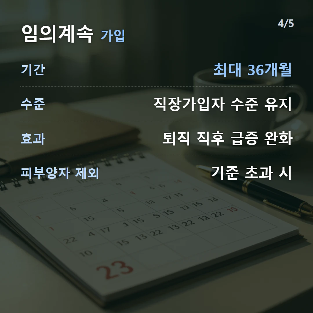 임의계속 가입 — 기간 최대 36개월, 수준 직장가입자 수준 유지, 효과 퇴직 직후 급증 완화, 피부양자 제외 기준 초과 시