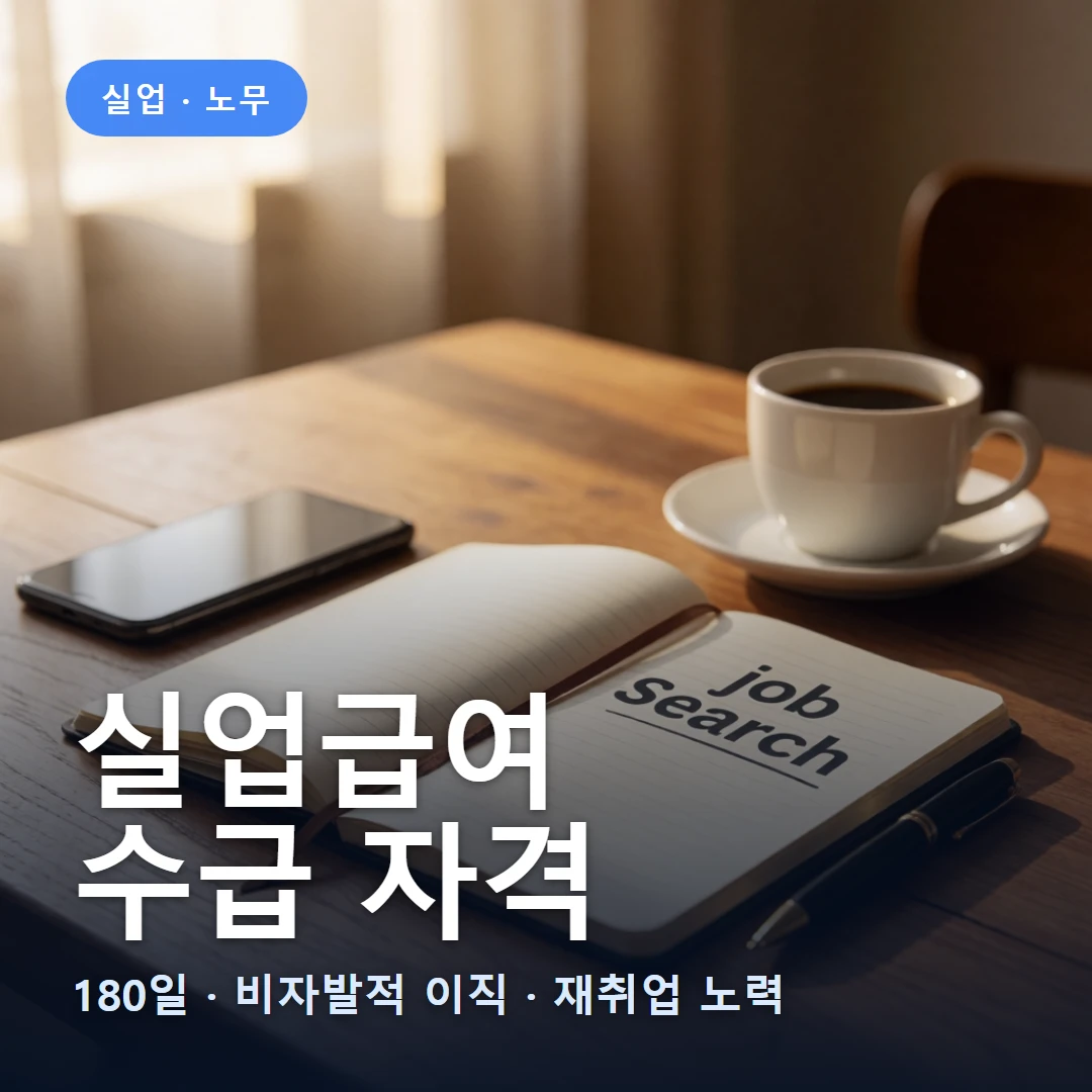 실업급여 수급 자격 요약 표지 — 180일 · 비자발적 이직 · 재취업 노력