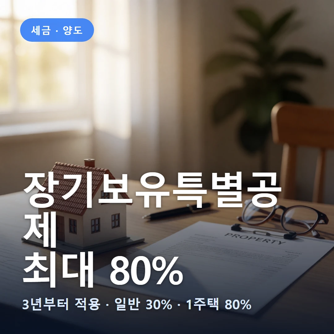 장기보유특별공제 요약 표지 — 3년부터 적용 · 일반 30% · 1주택 80%