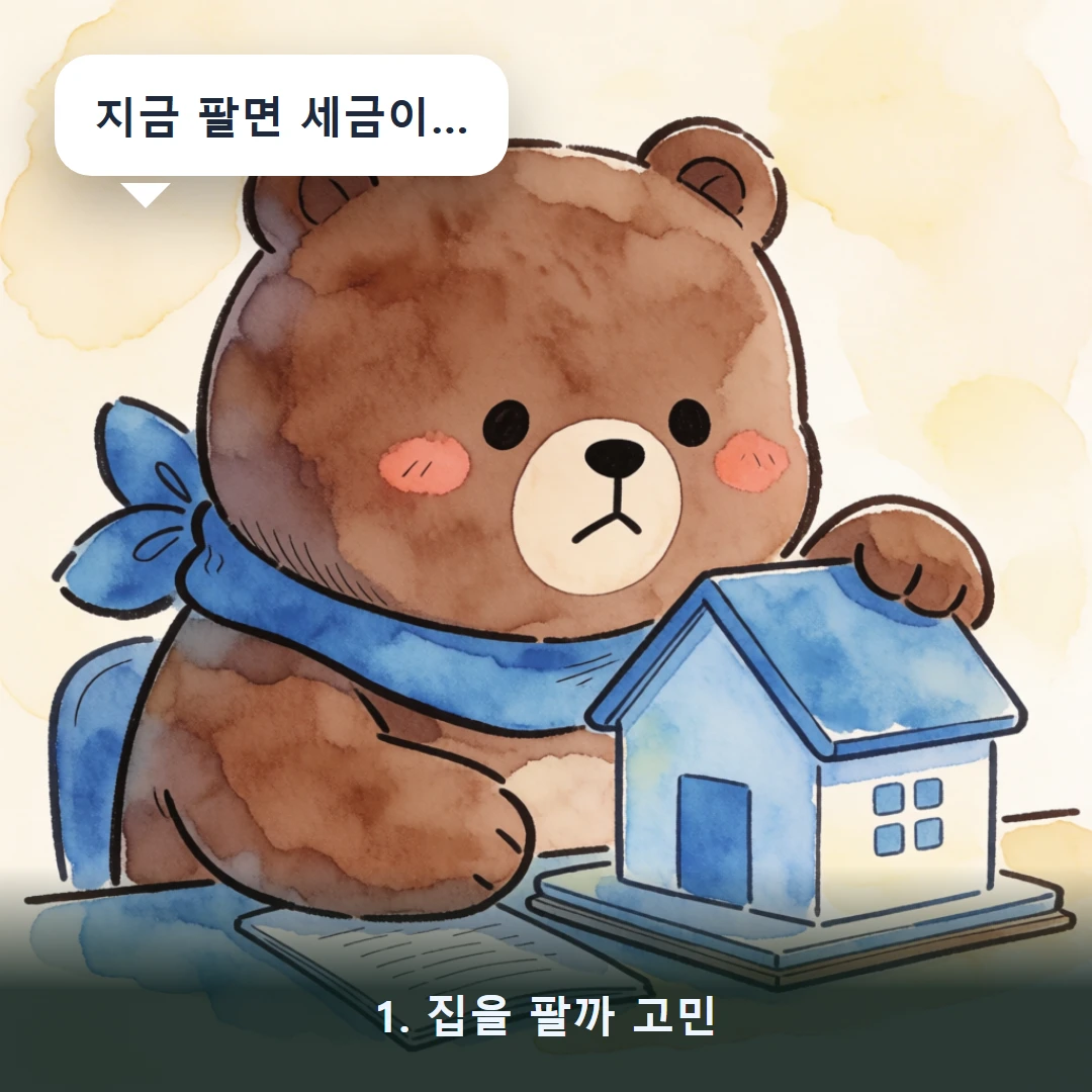 웹툰 1컷 — 1. 집을 팔까 고민 (지금 팔면 세금이…)