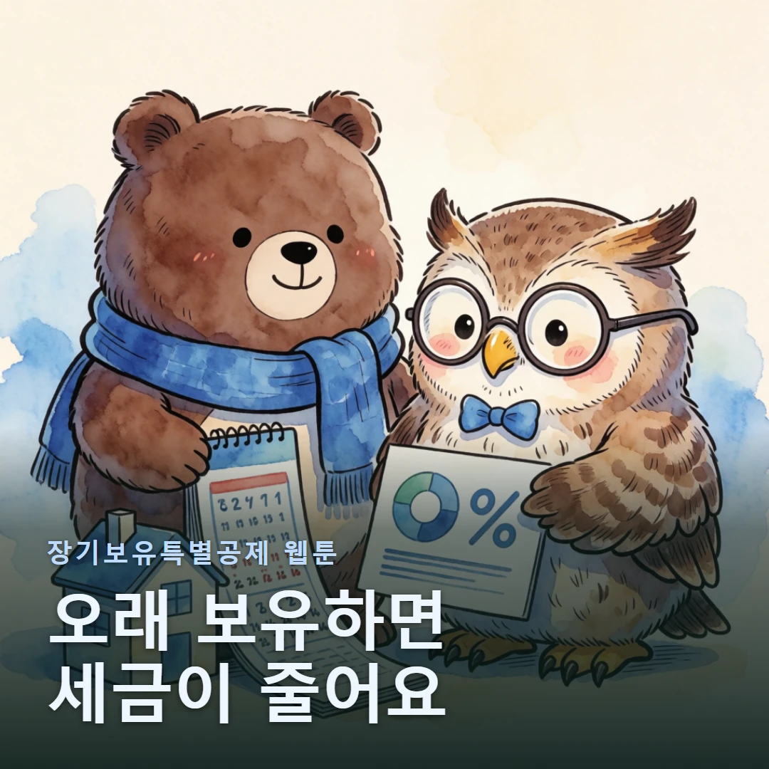 장기보유특별공제 웹툰 표지 — 오래 보유하면 세금이 줄어요