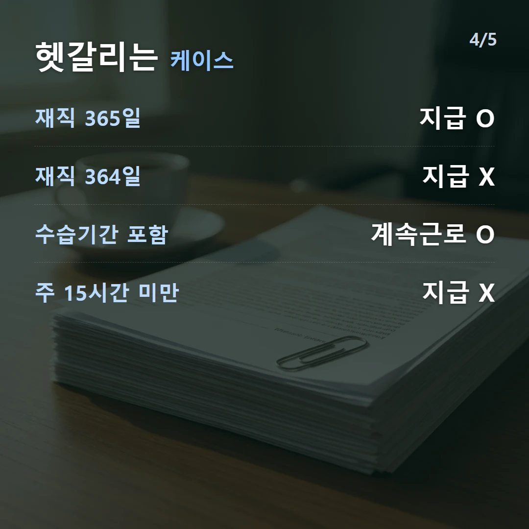 헷갈리는 케이스 — 재직 365일 지급 O, 재직 364일 지급 X, 수습기간 포함 계속근로 O, 주 15시간 미만 지급 X