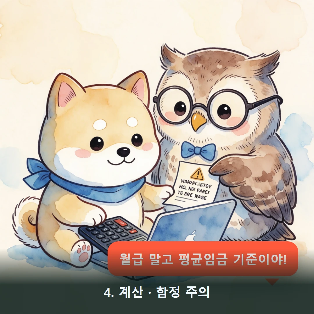 웹툰 4컷 — 4. 계산 · 함정 주의 (월급 말고 평균임금 기준이야!)