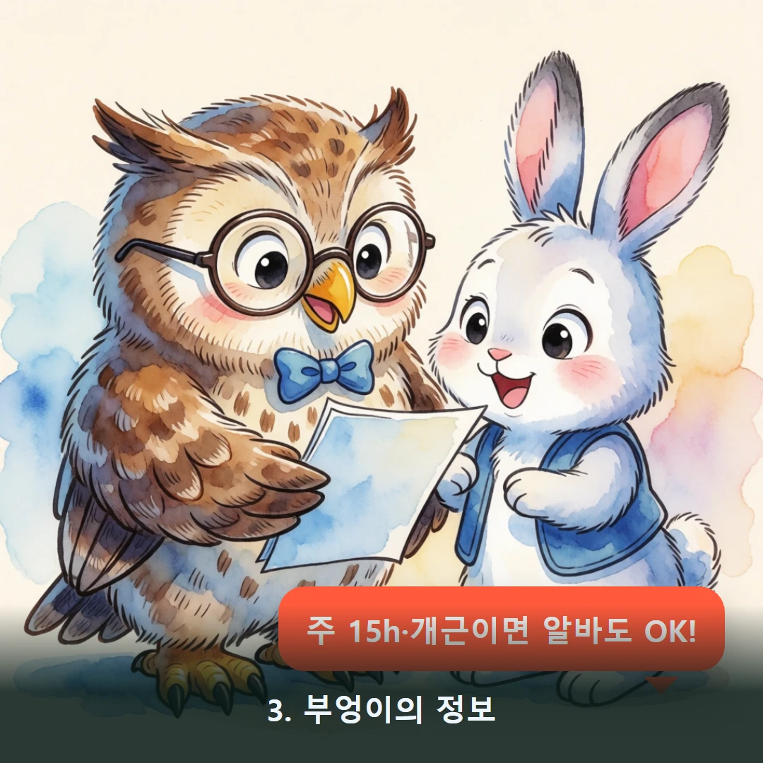 웹툰 3컷 — 3. 부엉이의 정보 (주 15h·개근이면 알바도 OK!)
