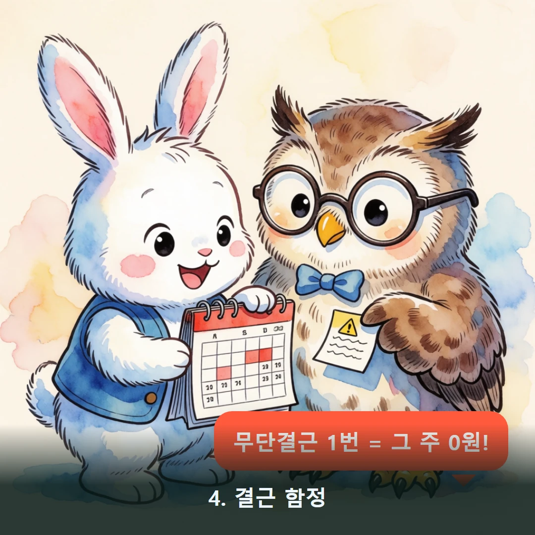 웹툰 4컷 — 4. 결근 함정 (무단결근 1번 = 그 주 0원!)