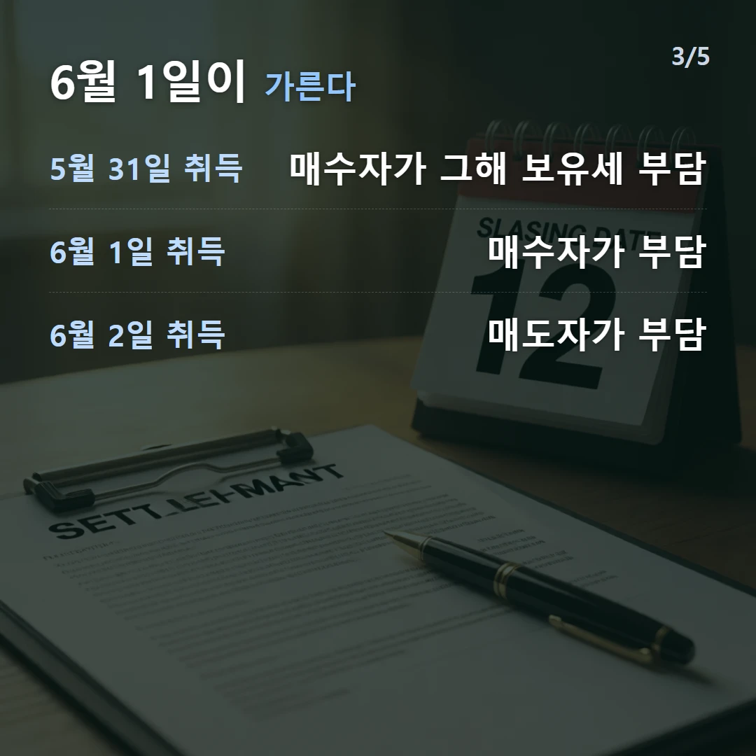 6월 1일이 가른다 — 5월 31일 취득 매수자가 그해 보유세 부담, 6월 1일 취득 매수자가 부담, 6월 2일 취득 매도자가 부담