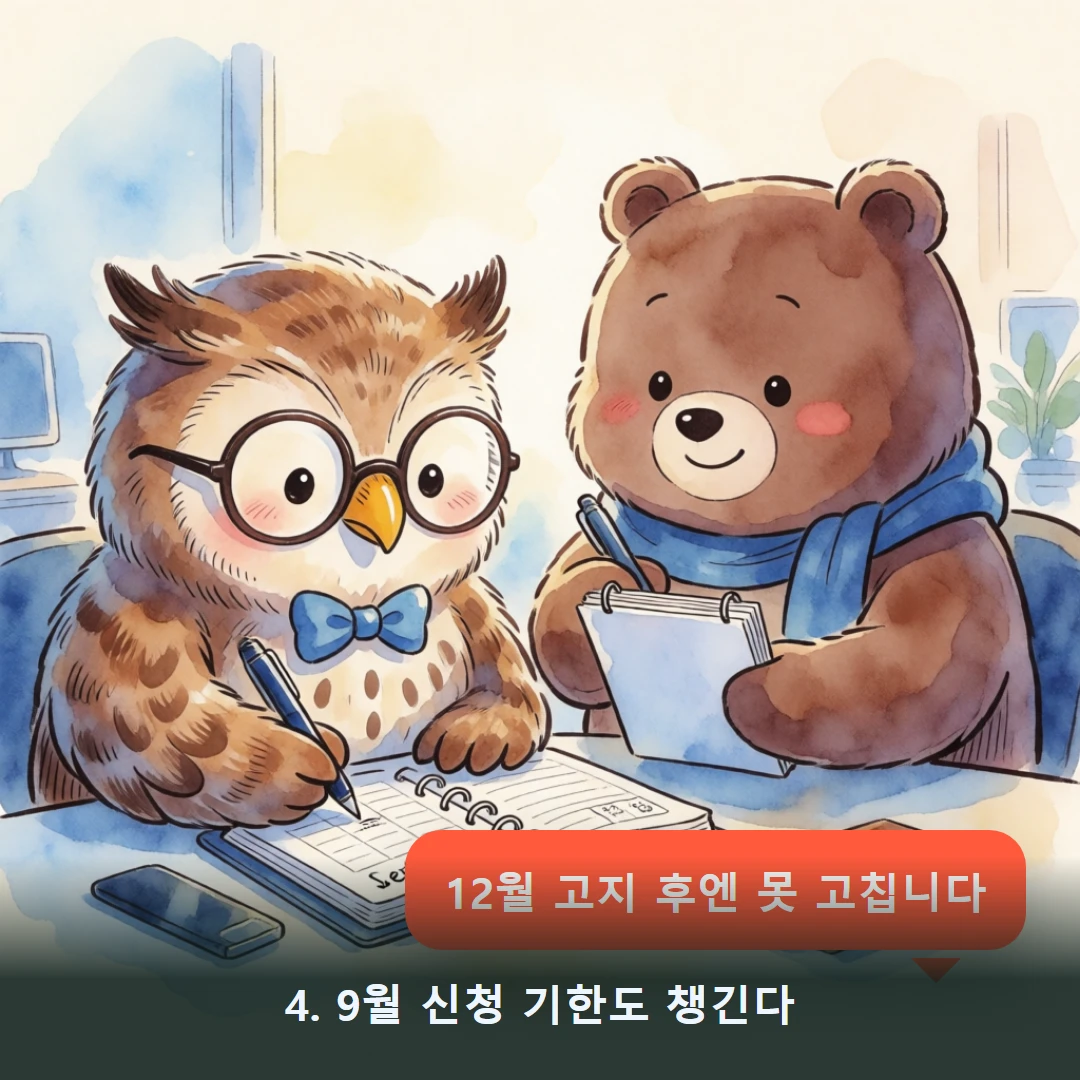 웹툰 4컷 — 4. 9월 신청 기한도 챙긴다 (12월 고지 후엔 못 고칩니다)