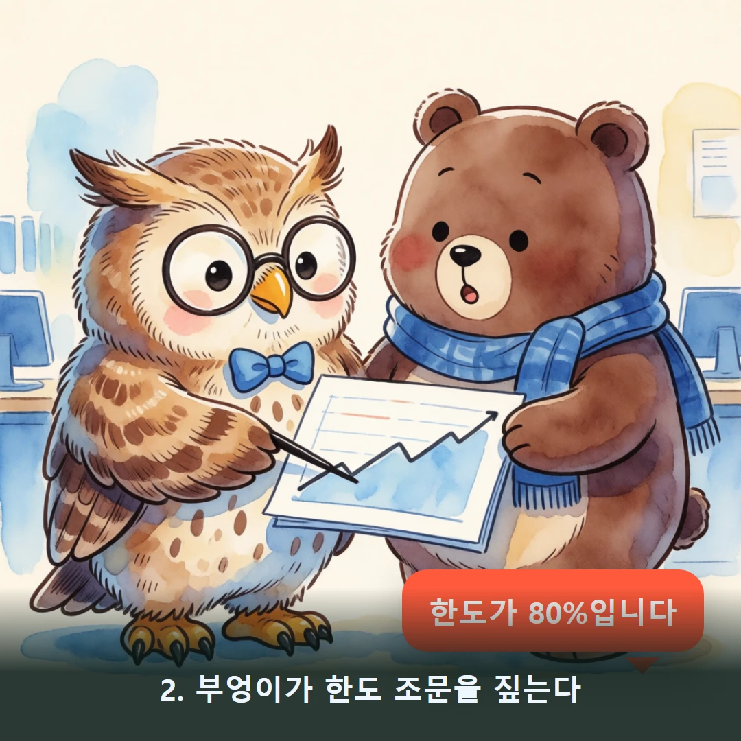 웹툰 2컷 — 2. 부엉이가 한도 조문을 짚는다 (한도가 80%입니다)