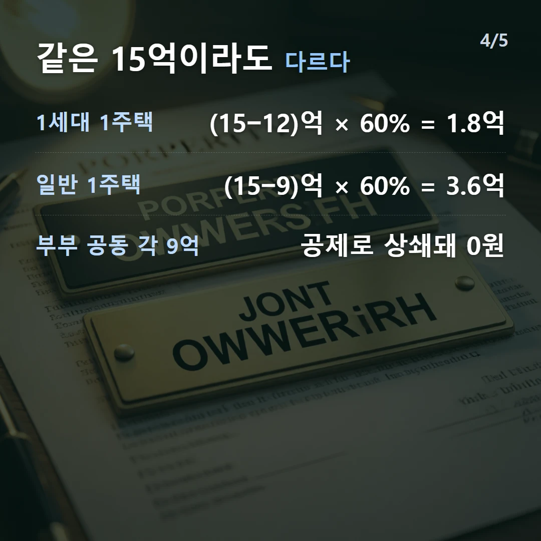 같은 15억이라도 다르다 — 1세대 1주택 (15−12)억 × 60% = 1.8억, 일반 1주택 (15−9)억 × 60% = 3.6억, 부부 공동 각 9억 공제로 상쇄돼 0원