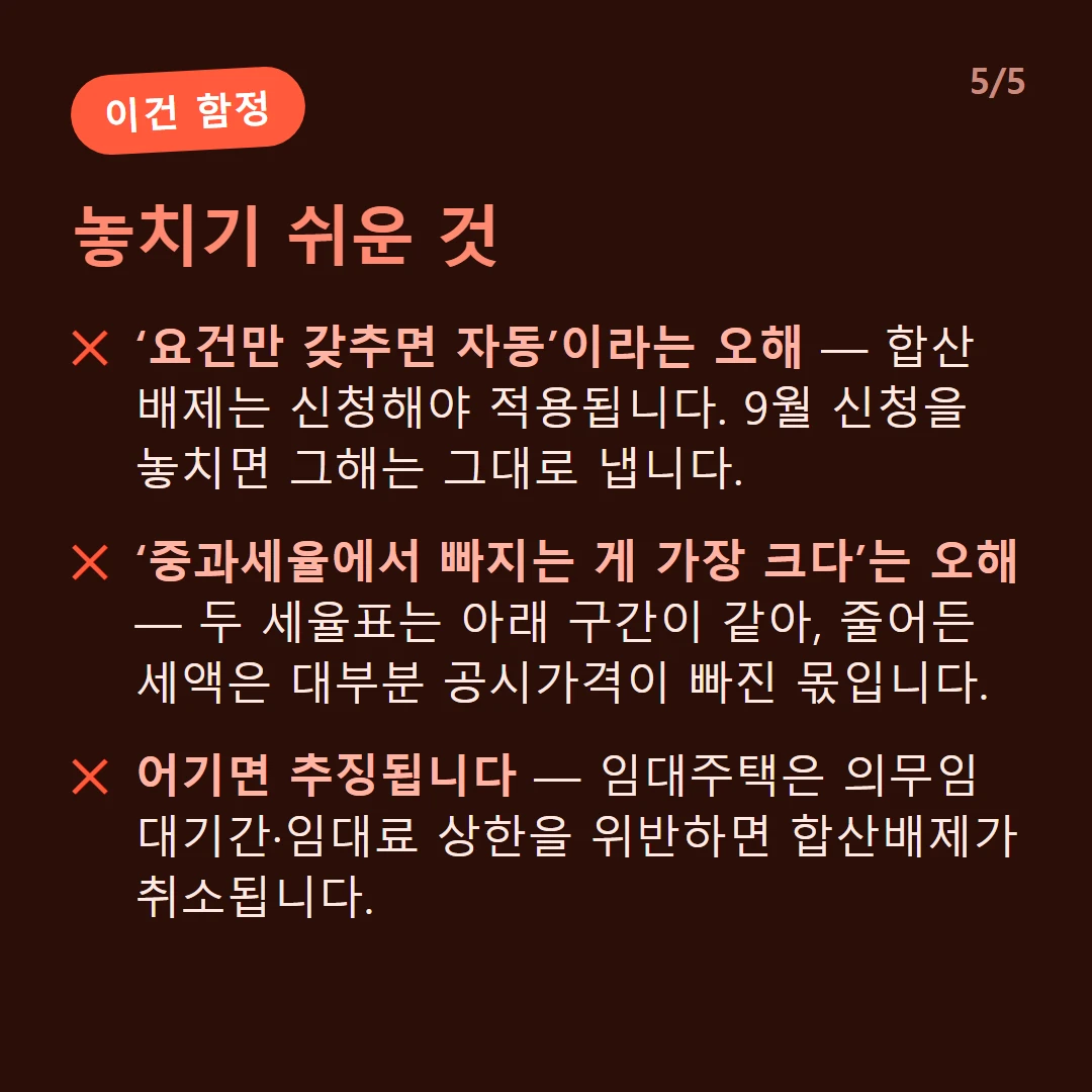 놓치기 쉬운 것 — ‘요건만 갖추면 자동’이라는 오해 — 합산배제는 신청해야 적용됩니다. 9월 신청을 놓치면 그해는 그대로 냅니다. / ‘중과세율에서 빠지는 게 가장 크다’는 오해 — 두 세율표는 아래 구간이 같아, 줄어든 세액은 대부분 공시가격이 빠진 몫입니다. / 어기면 추징됩니다 — 임대주택은 의무임대기간·임대료 상한을 위반하면 합산배제가 취소됩니다.