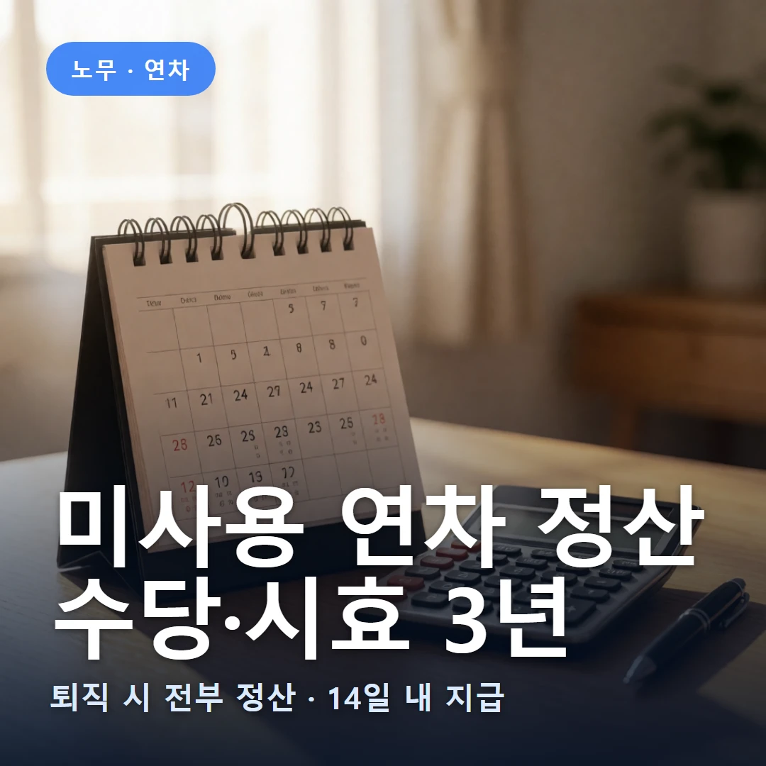 미사용 연차 정산 요약 표지 — 퇴직 시 전부 정산 · 14일 내 지급