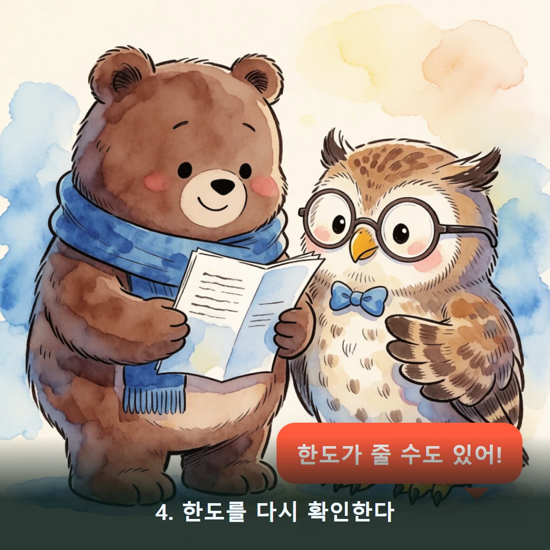 웹툰 4컷 — 4. 한도를 다시 확인한다 (한도가 줄 수도 있어!)