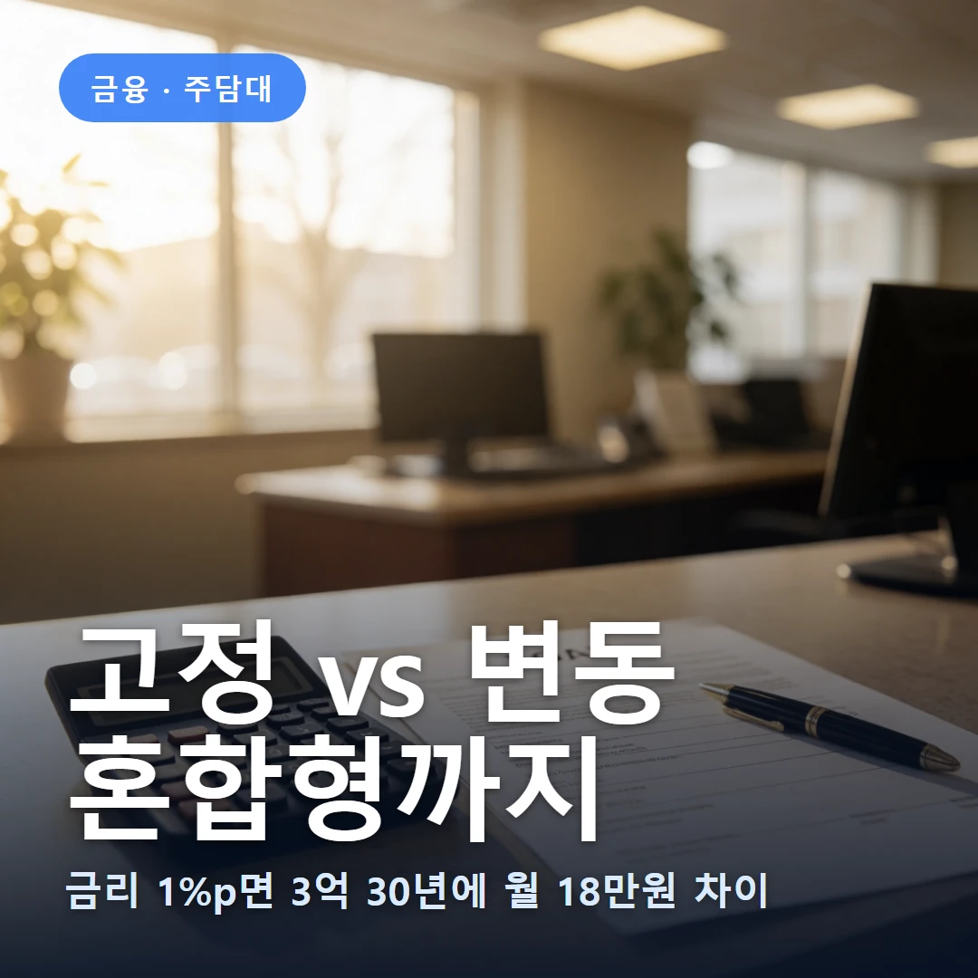 고정 vs 변동금리 요약 표지 — 금리 1%p면 3억 30년에 월 18만원 차이