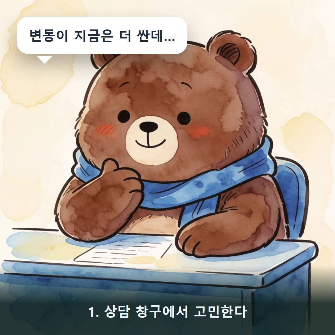 웹툰 1컷 — 1. 상담 창구에서 고민한다 (변동이 지금은 더 싼데…)