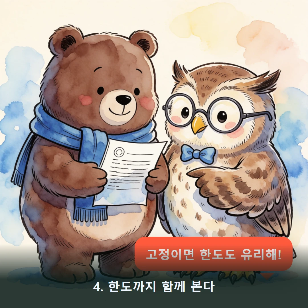 웹툰 4컷 — 4. 한도까지 함께 본다 (고정이면 한도도 유리해!)