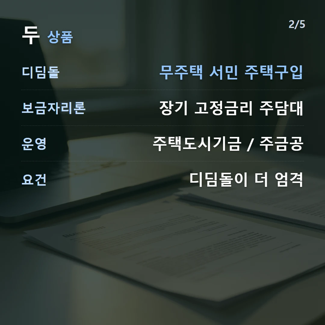 두 상품 — 디딤돌 무주택 서민 주택구입, 보금자리론 장기 고정금리 주담대, 운영 주택도시기금 / 주금공, 요건 디딤돌이 더 엄격