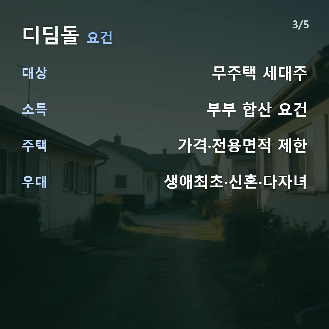 디딤돌 요건 — 대상 무주택 세대주, 소득 부부 합산 요건, 주택 가격·전용면적 제한, 우대 생애최초·신혼·다자녀