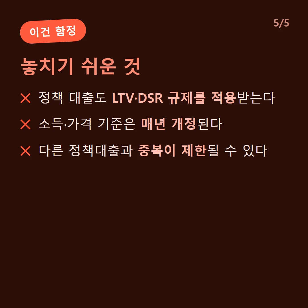 놓치기 쉬운 것 — 정책 대출도 LTV·DSR 규제를 적용받는다 / 소득·가격 기준은 매년 개정된다 / 다른 정책대출과 중복이 제한될 수 있다