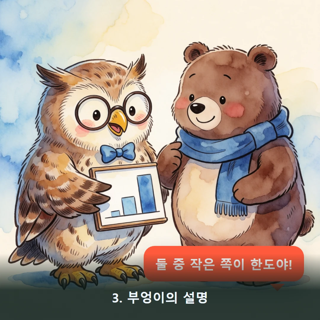 웹툰 3컷 — 3. 부엉이의 설명 (둘 중 작은 쪽이 한도야!)