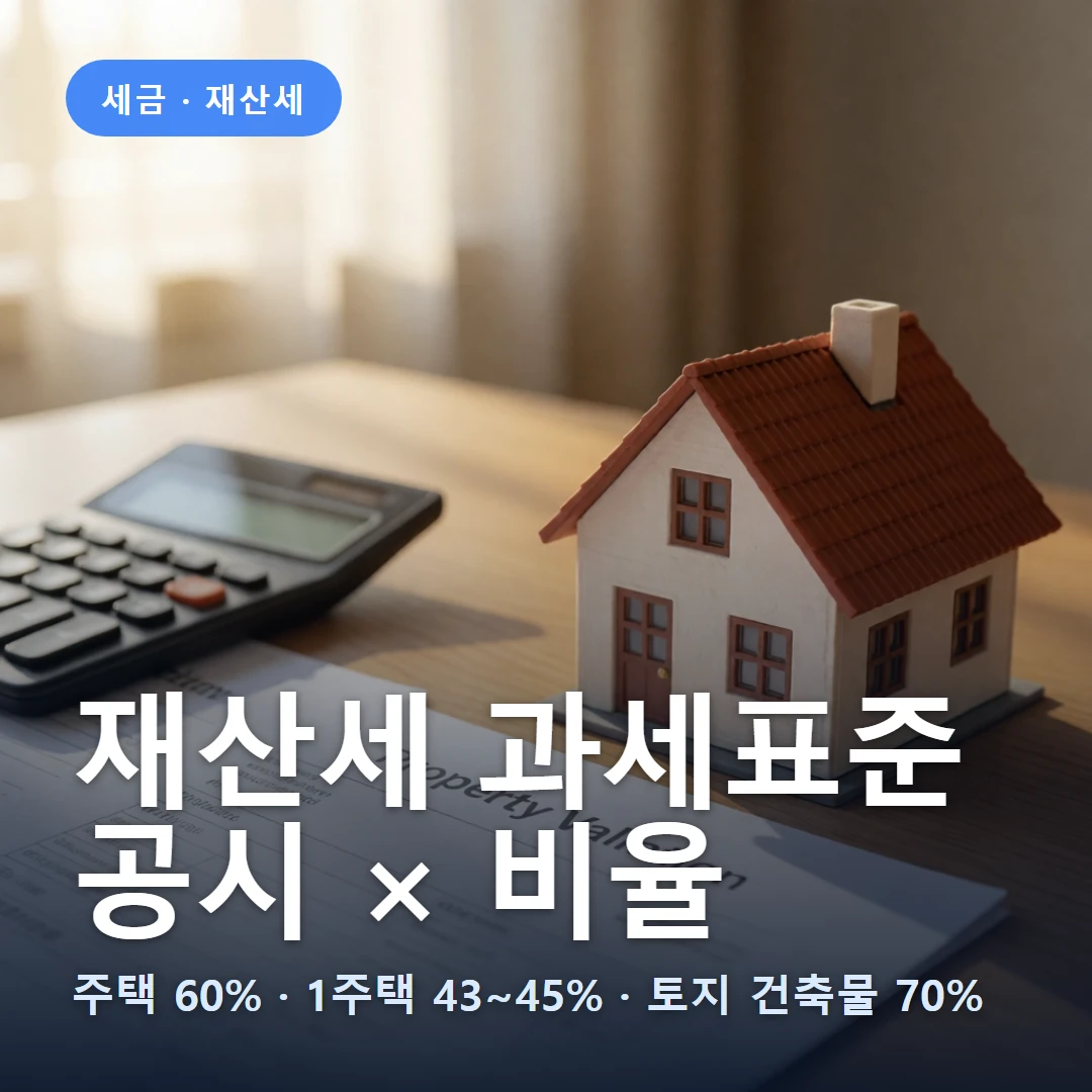 재산세 과세표준 요약 표지 — 주택 60% · 1주택 43~45% · 토지 건축물 70%