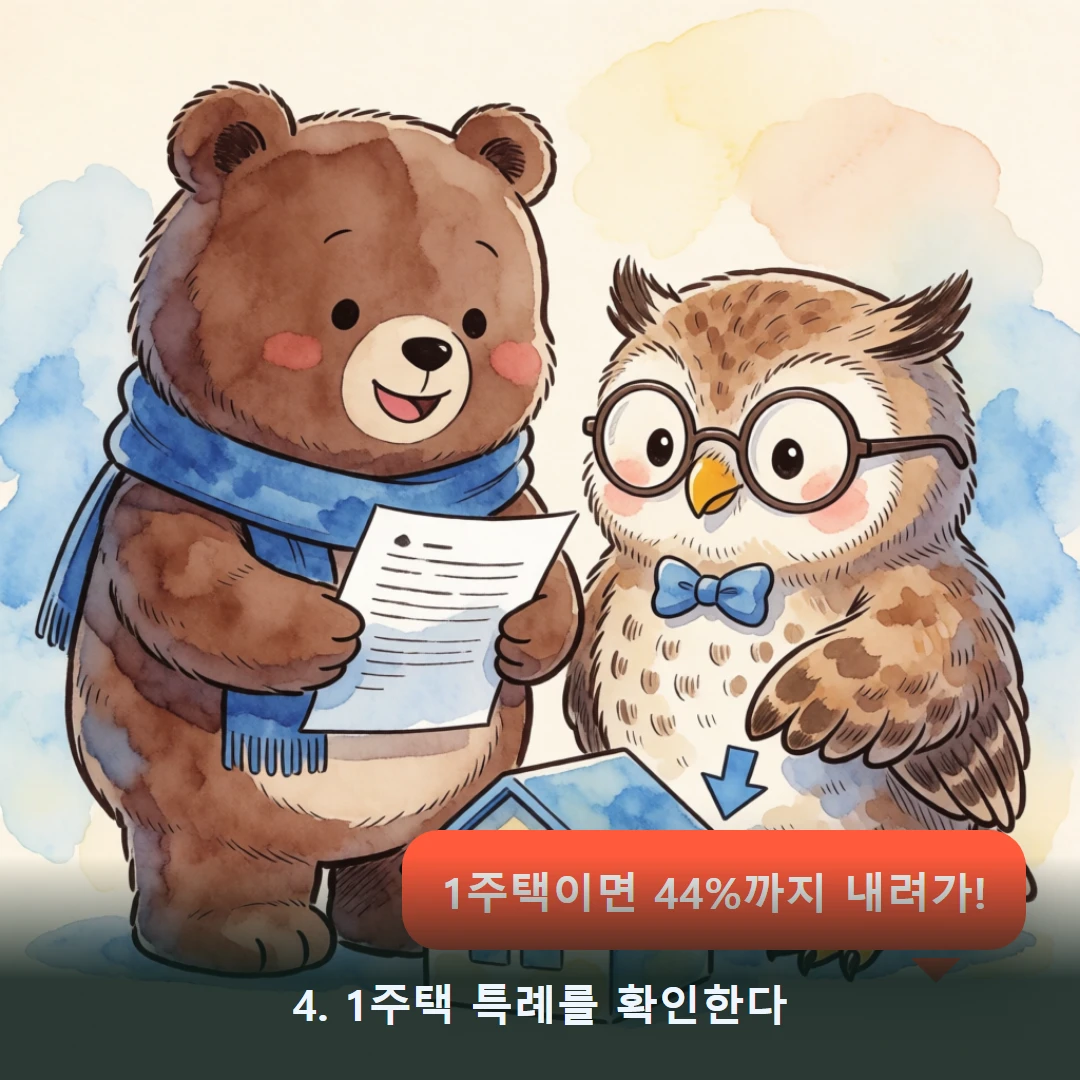 웹툰 4컷 — 4. 1주택 특례를 확인한다 (1주택이면 44%까지 내려가!)