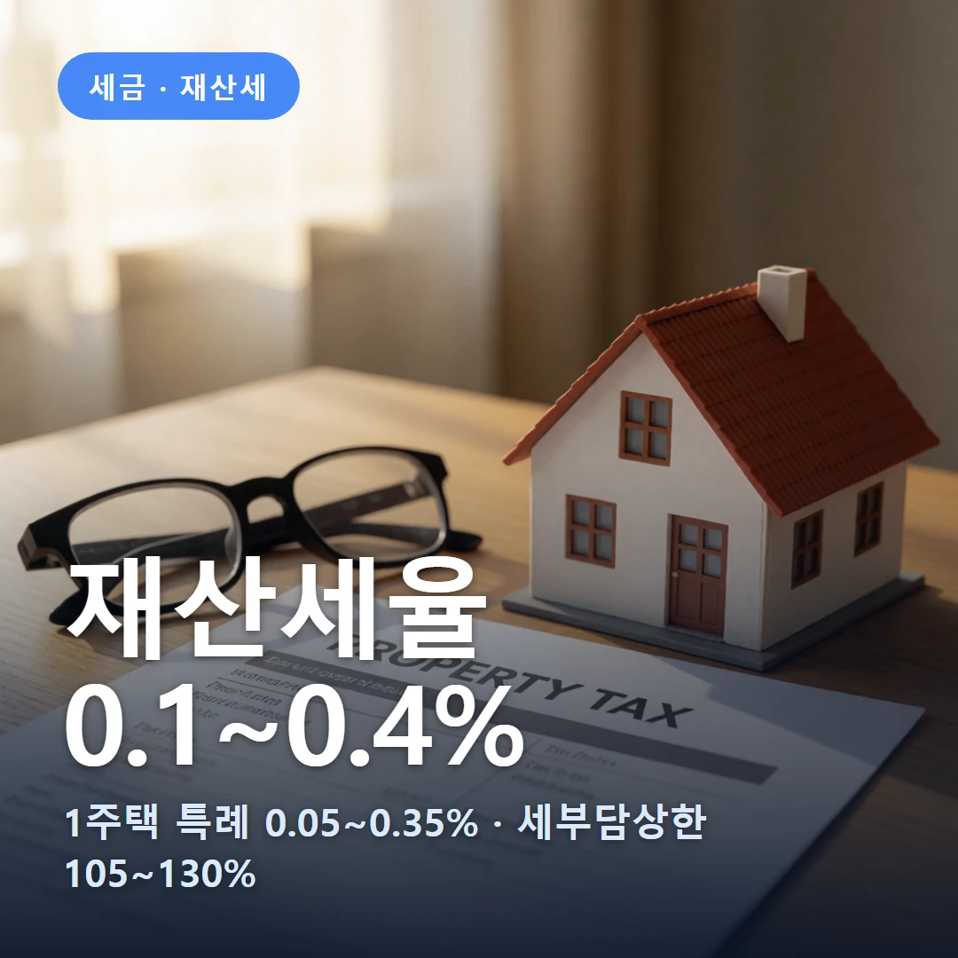 재산세율 요약 표지 — 1주택 특례 0.05~0.35% · 세부담상한 105~130%