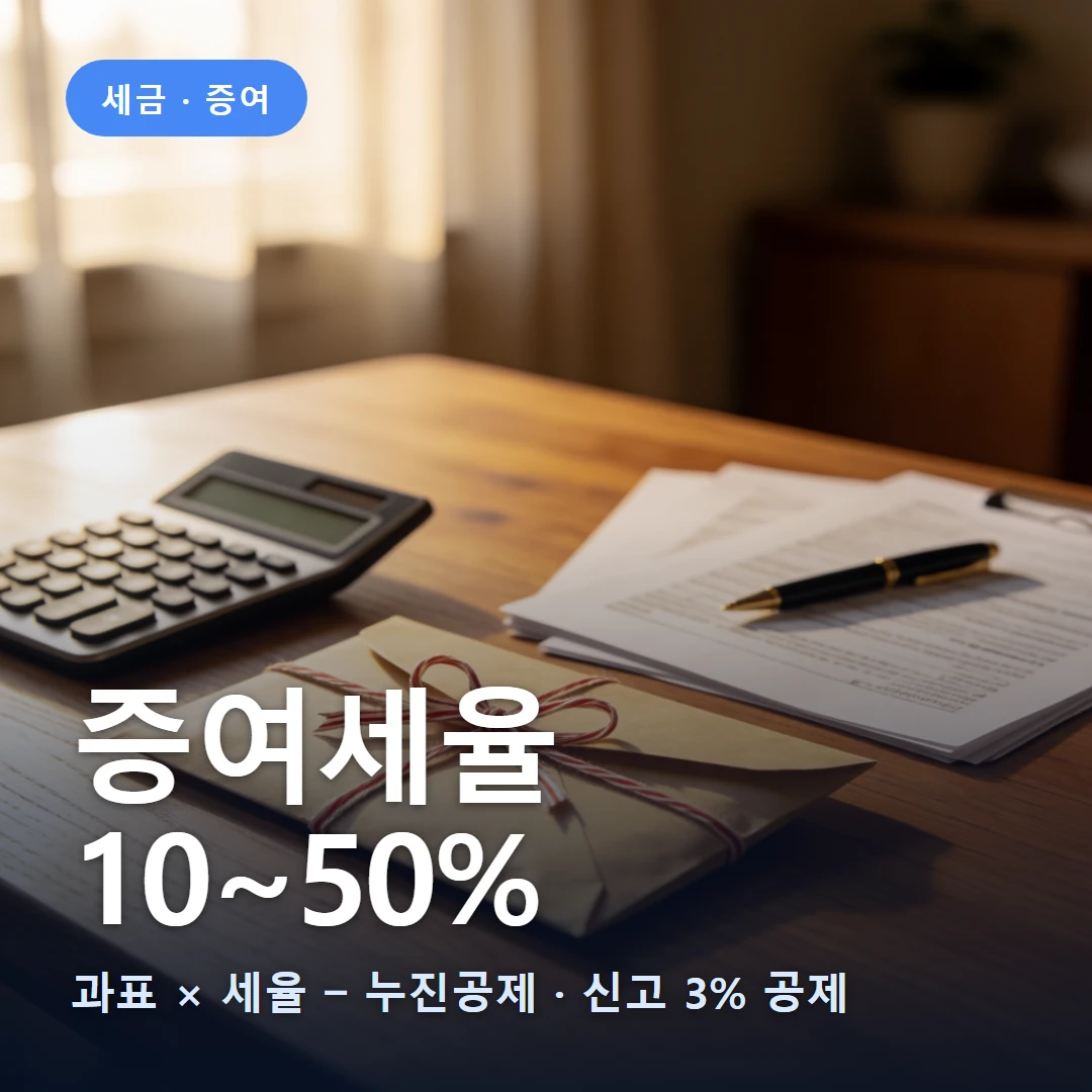 증여세율 요약 표지 — 과표 × 세율 − 누진공제 · 신고 3% 공제