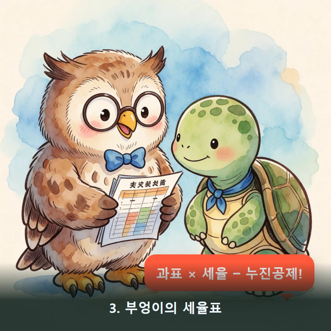 웹툰 3컷 — 3. 부엉이의 세율표 (과표 × 세율 − 누진공제!)