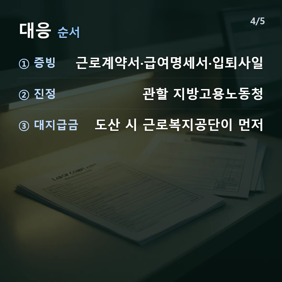 대응 순서 — ① 증빙 근로계약서·급여명세서·입퇴사일, ② 진정 관할 지방고용노동청, ③ 대지급금 도산 시 근로복지공단이 먼저