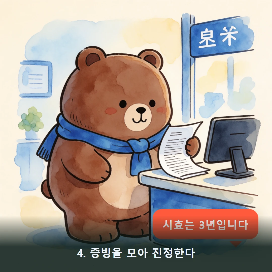 웹툰 4컷 — 4. 증빙을 모아 진정한다 (시효는 3년입니다)