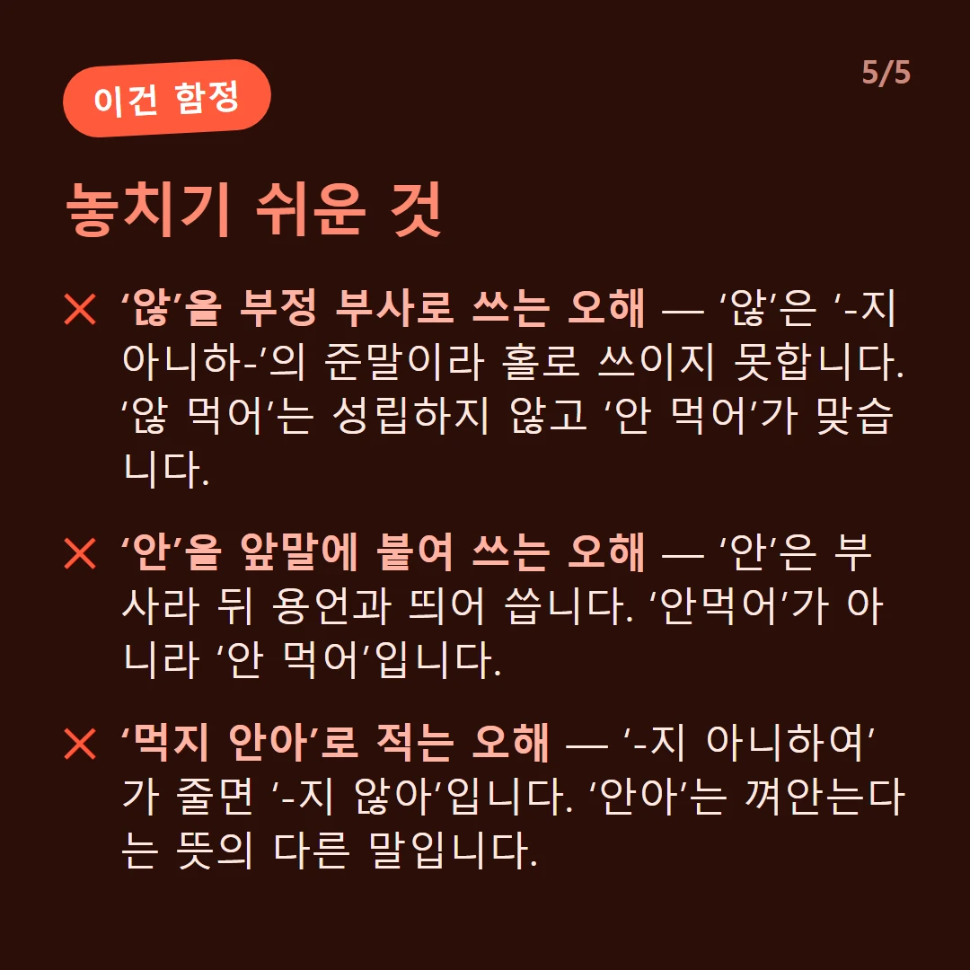 놓치기 쉬운 것 — ‘않’을 부정 부사로 쓰는 오해 — ‘않’은 ‘-지 아니하-’의 준말이라 홀로 쓰이지 못합니다. ‘않 먹어’는 성립하지 않고 ‘안 먹어’가 맞습니다. / ‘안’을 앞말에 붙여 쓰는 오해 — ‘안’은 부사라 뒤 용언과 띄어 씁니다. ‘안먹어’가 아니라 ‘안 먹어’입니다. / ‘먹지 안아’로 적는 오해 — ‘-지 아니하여’가 줄면 ‘-지 않아’입니다. ‘안아’는 껴안는다는 뜻의 다른 말입니다.