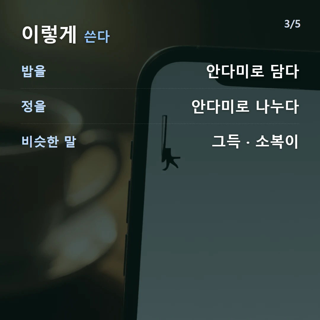 이렇게 쓴다 — 밥을 안다미로 담다, 정을 안다미로 나누다, 비슷한 말 그득 · 소복이
