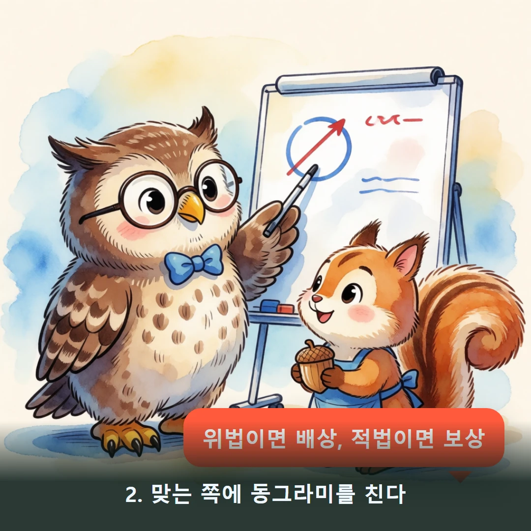 웹툰 2컷 — 2. 맞는 쪽에 동그라미를 친다 (위법이면 배상, 적법이면 보상)