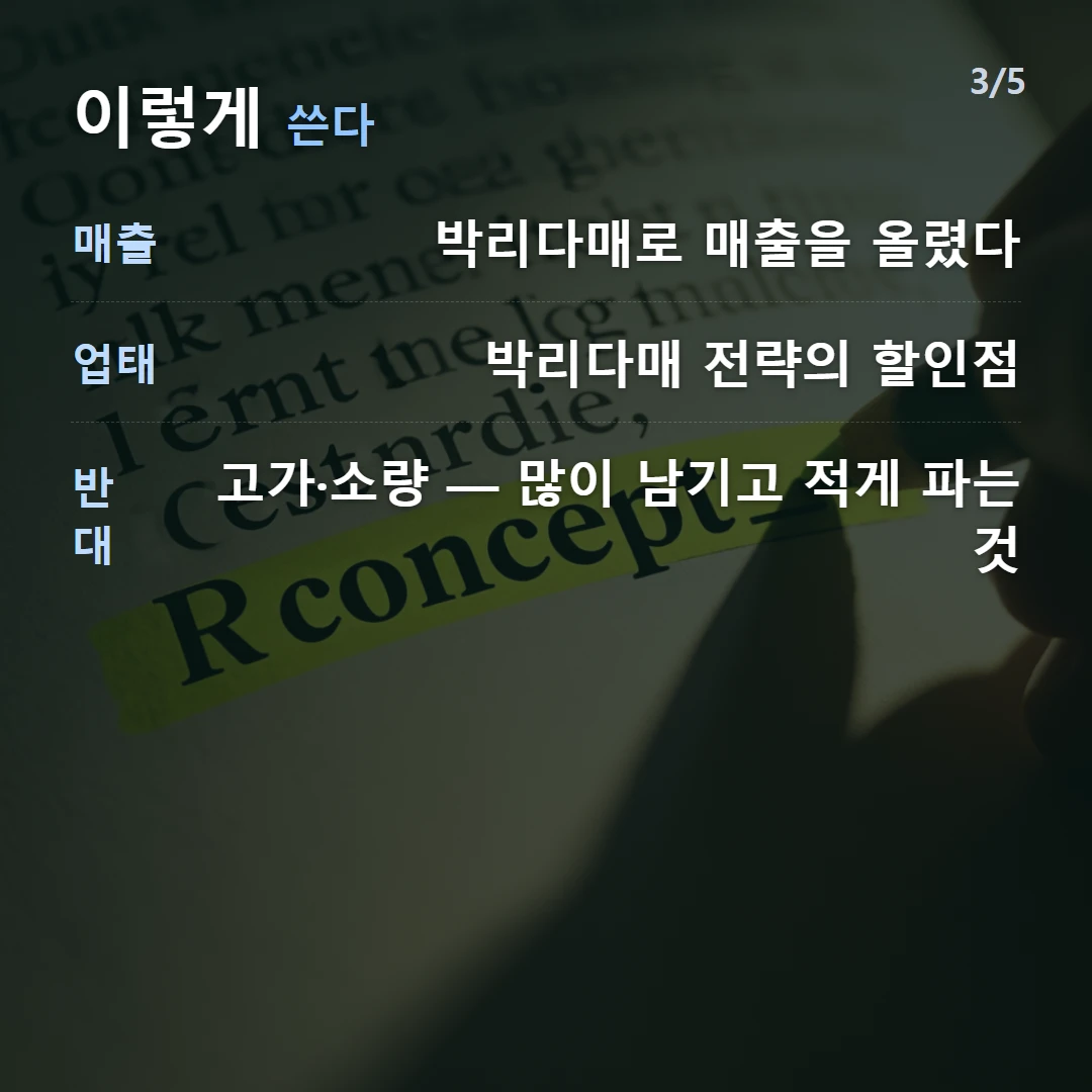 이렇게 쓴다 — 매출 박리다매로 매출을 올렸다, 업태 박리다매 전략의 할인점, 반대 고가·소량 — 많이 남기고 적게 파는 것