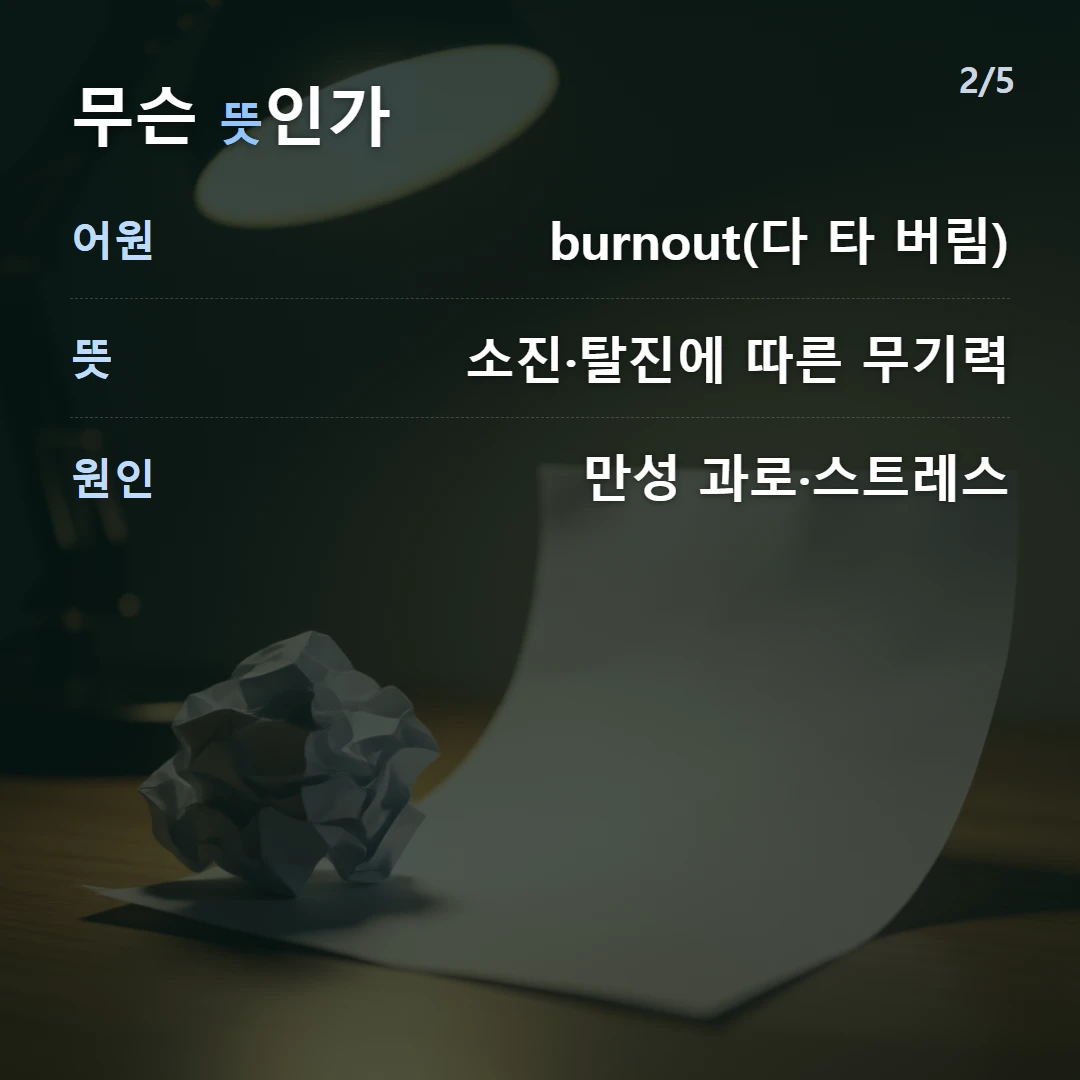 무슨 뜻인가 — 어원 burnout(다 타 버림), 뜻 소진·탈진에 따른 무기력, 원인 만성 과로·스트레스