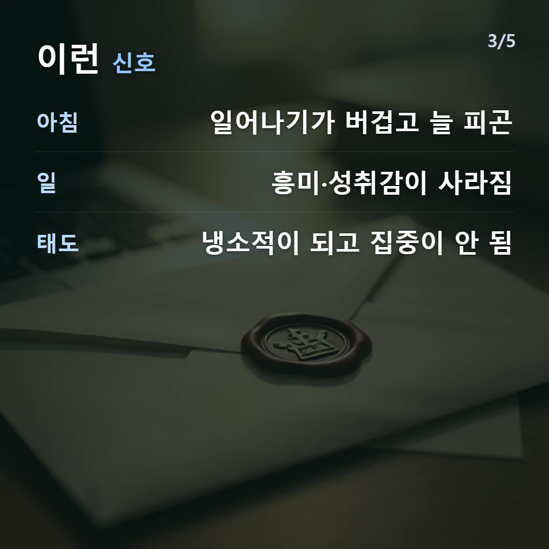 이런 신호 — 아침 일어나기가 버겁고 늘 피곤, 일 흥미·성취감이 사라짐, 태도 냉소적이 되고 집중이 안 됨