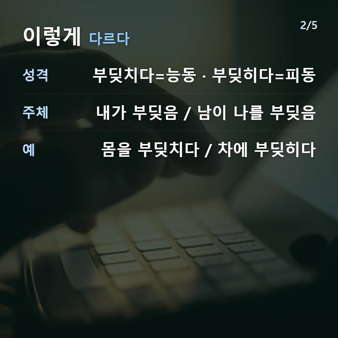 이렇게 다르다 — 성격 부딪치다=능동 · 부딪히다=피동, 주체 내가 부딪음 / 남이 나를 부딪음, 예 몸을 부딪치다 / 차에 부딪히다