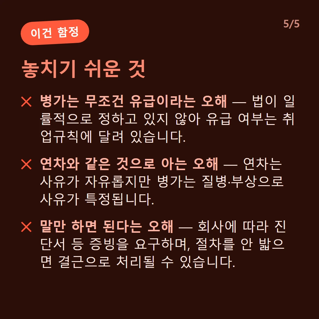 놓치기 쉬운 것 — 병가는 무조건 유급이라는 오해 — 법이 일률적으로 정하고 있지 않아 유급 여부는 취업규칙에 달려 있습니다. / 연차와 같은 것으로 아는 오해 — 연차는 사유가 자유롭지만 병가는 질병·부상으로 사유가 특정됩니다. / 말만 하면 된다는 오해 — 회사에 따라 진단서 등 증빙을 요구하며, 절차를 안 밟으면 결근으로 처리될 수 있습니다.