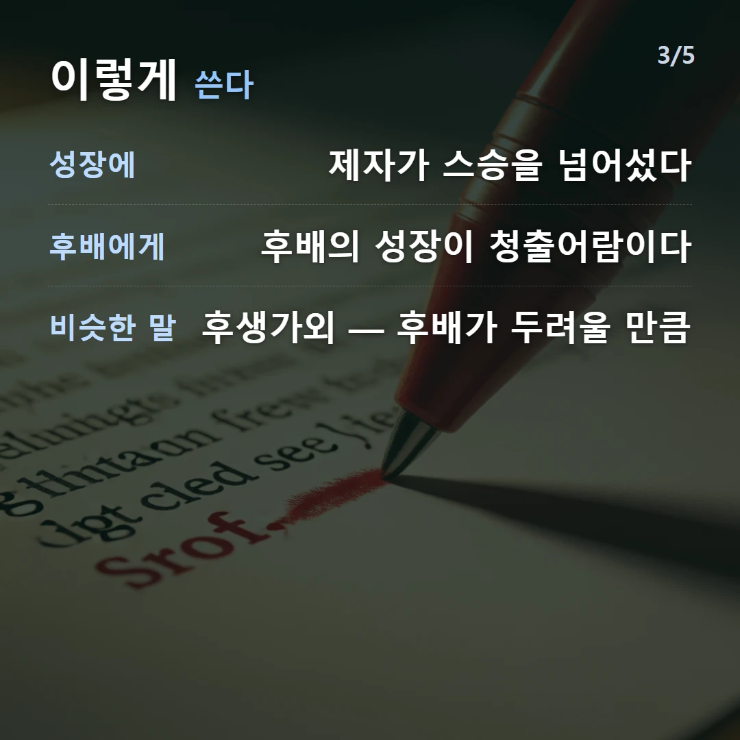 이렇게 쓴다 — 성장에 제자가 스승을 넘어섰다, 후배에게 후배의 성장이 청출어람이다, 비슷한 말 후생가외 — 후배가 두려울 만큼