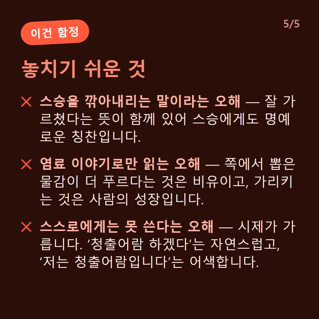 놓치기 쉬운 것 — 스승을 깎아내리는 말이라는 오해 — 잘 가르쳤다는 뜻이 함께 있어 스승에게도 명예로운 칭찬입니다. / 염료 이야기로만 읽는 오해 — 쪽에서 뽑은 물감이 더 푸르다는 것은 비유이고, 가리키는 것은 사람의 성장입니다. / 스스로에게는 못 쓴다는 오해 — 시제가 가릅니다. ‘청출어람 하겠다’는 자연스럽고, ‘저는 청출어람입니다’는 어색합니다.