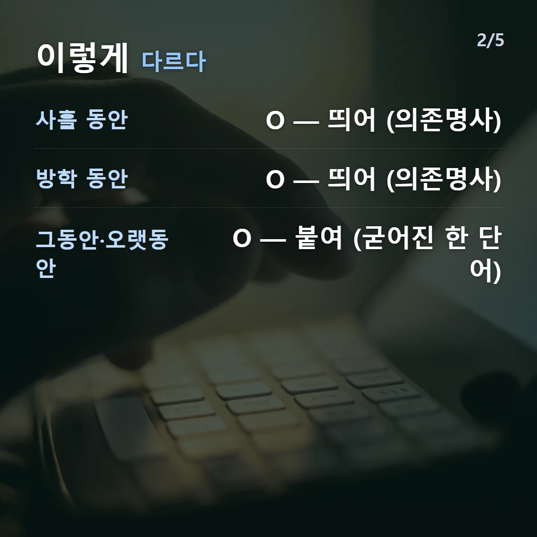 이렇게 다르다 — 사흘 동안 O — 띄어 (의존명사), 방학 동안 O — 띄어 (의존명사), 그동안·오랫동안 O — 붙여 (굳어진 한 단어)