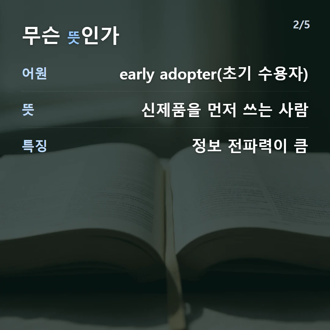 무슨 뜻인가 — 어원 early adopter(초기 수용자), 뜻 신제품을 먼저 쓰는 사람, 특징 정보 전파력이 큼