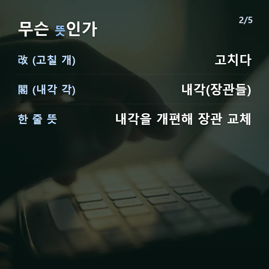 무슨 뜻인가 — 改 (고칠 개) 고치다, 閣 (내각 각) 내각(장관들), 한 줄 뜻 내각을 개편해 장관 교체