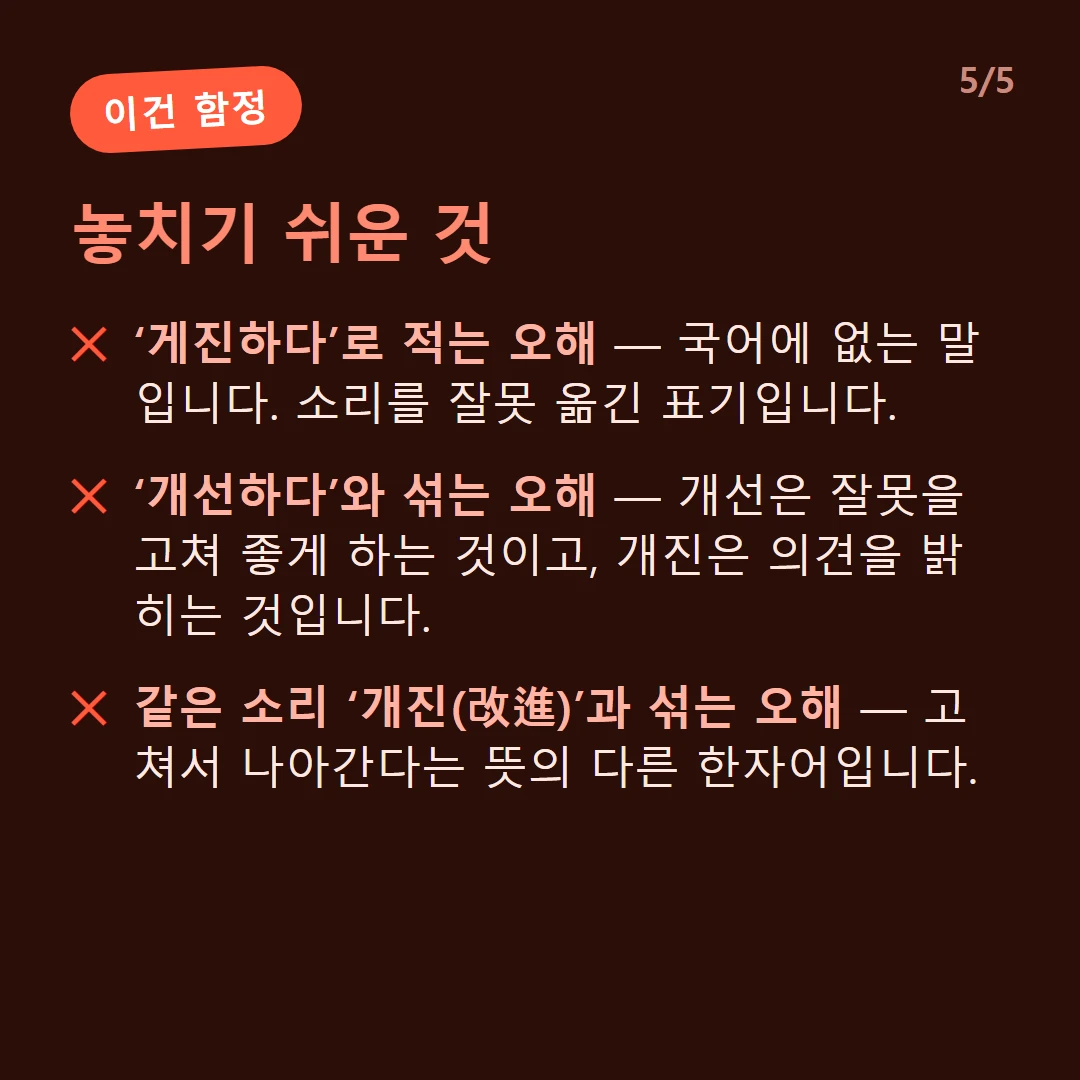 놓치기 쉬운 것 — ‘게진하다’로 적는 오해 — 국어에 없는 말입니다. 소리를 잘못 옮긴 표기입니다. / ‘개선하다’와 섞는 오해 — 개선은 잘못을 고쳐 좋게 하는 것이고, 개진은 의견을 밝히는 것입니다. / 같은 소리 ‘개진(改進)’과 섞는 오해 — 고쳐서 나아간다는 뜻의 다른 한자어입니다.