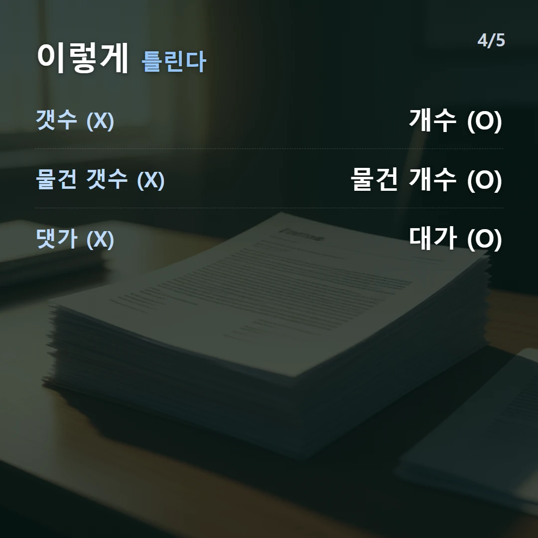 이렇게 틀린다 — 갯수 (X) 개수 (O), 물건 갯수 (X) 물건 개수 (O), 댓가 (X) 대가 (O)