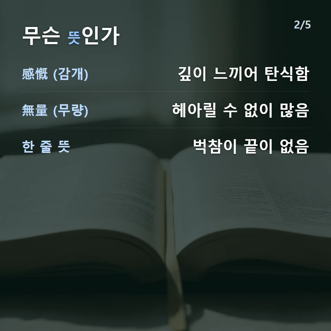 무슨 뜻인가 — 感慨 (감개) 깊이 느끼어 탄식함, 無量 (무량) 헤아릴 수 없이 많음, 한 줄 뜻 벅참이 끝이 없음